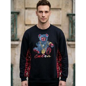 Men's Black Pullover Sweatshirt with Teddy Graphic